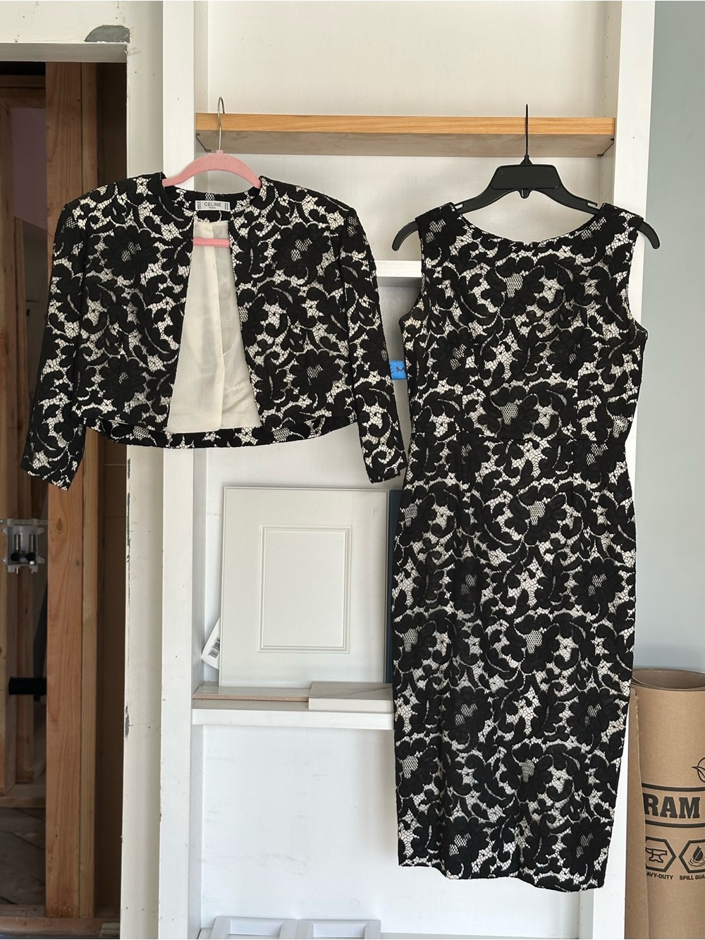 Vintage CELINE Paris Black Ivory Floral Lace Dress & Jacket Suit Set Women’s EU